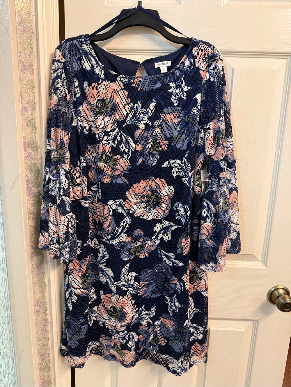 Westport Navy Floral Lace Midi Dress with Pink Blooms